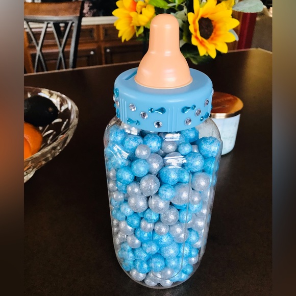 Giant baby bottle with blue & silver glitter balls. Baby shower guessing game. - Picture 1 of 5
